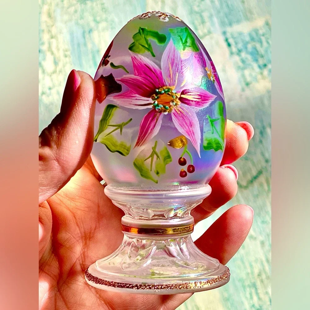 Fenton Glass Hand-Painted/signed/LE #375/2500 Glass Egg Clear/pink floral 1997